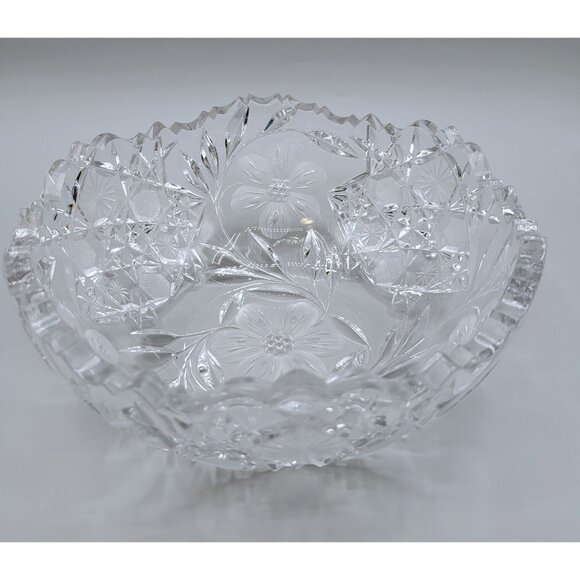 Crystal Serving Fruit Bowl Sawtooth Edge Flowers Hexagons Leaves Pressed Glass - Picture 5 of 8